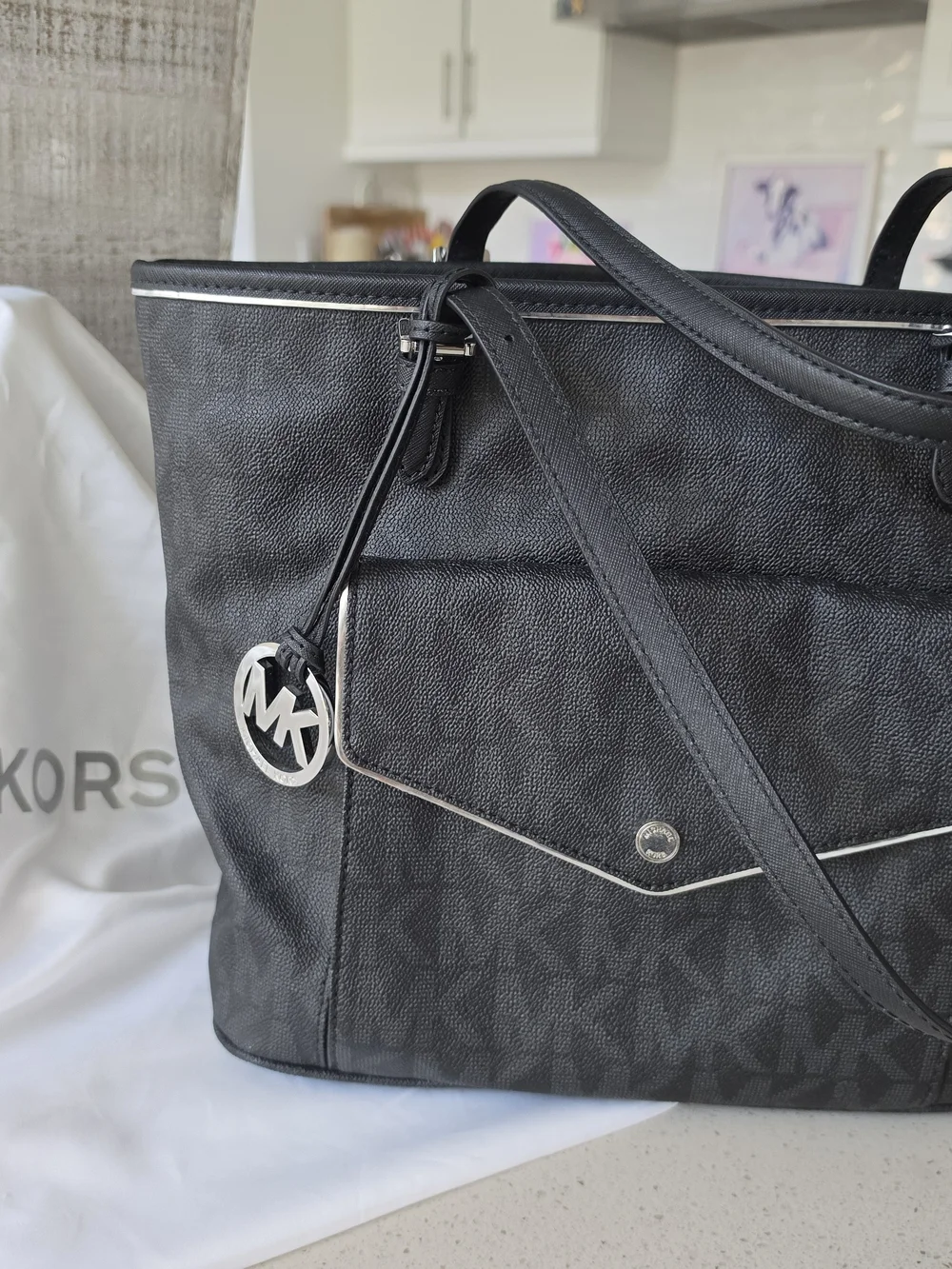 Michael Kors Black MK Logo Tote with Front Pocket and Silver Charm